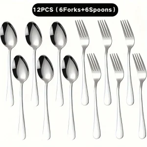 Stainless Steel Flatware Set - 12-Piece (6 Forks & 6 Spoons)  Heavy-Duty Silverware Cutlery Sets