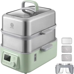 G563-A501 Electric Food Steamer for Cooking, 2 Tier Stainless Steel Steamer with Slow Cook Mode, 1500W, 10-Quart, Green